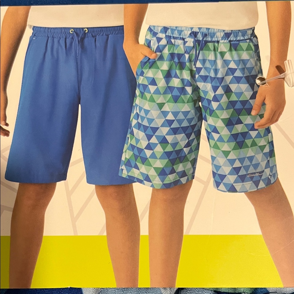 NWT Eddie Bauer Blue and Green Geometric Hybrid Shorts Size L (14/16)#ActiveKids